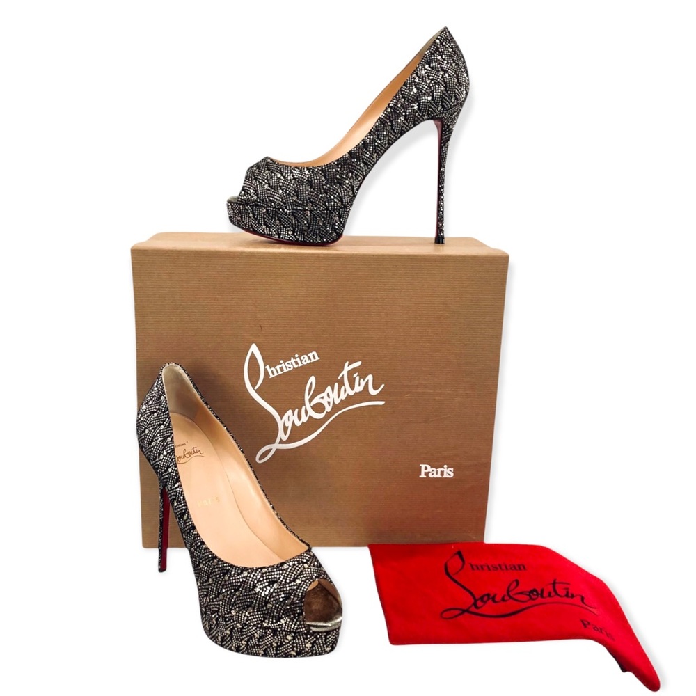 CHRISTIAN LOUBOUTIN NWOT Fetish Peep 130mm Platform Glittered Red Sole P…